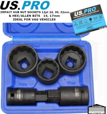 US PRO VW Audi Impact Hub Nut Sockets 12pt 24 30 32mm & 14 17mm Hex Bits 2085 - Image 1 of 4