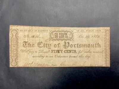 ~1862 50 Cents City of Portsmouth, Virginia -  Civil War Confederate Note - Image 1 of 2