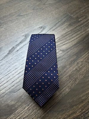 Turnbull & Asser 男式领带,100% 真丝,蓝色/金色波点条纹提花,英国 — 第 1/4 张图片