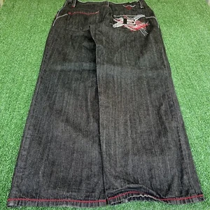 Vintage Y2K Men's Enyce Spellout Embroidered Black Wide-Leg Baggy Jeans 36x32 - Picture 1 of 13
