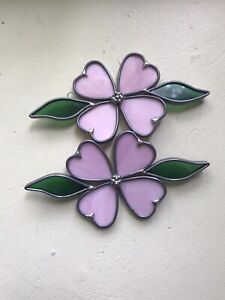STAINED GLASS Window  Suncatcher 2 PINK DOGWOOD Flowers with Green Leaves