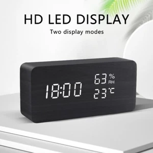 LED Wooden Digital Alarm Clock Snooze Voice Control Timer Thermometer Bamboo - Picture 1 of 12