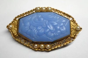 Vintage CZECHOSLOVAKIA FILIGREE BROOCH - BLUE GLASS FLOWERS STONE Faux Pearls - Picture 1 of 12