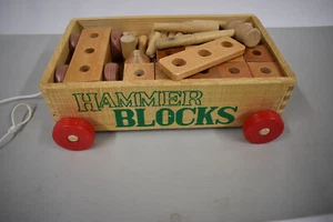 MICHIGANS TOY Wood Hammer Blocks In Wooden Pull Wagon - Picture 1 of 2