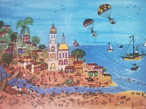 Signed Gilberto Grimaldi Mexican Beach Puerta Vallarta Mexico Naif Art Poster - Picture 1 of 8
