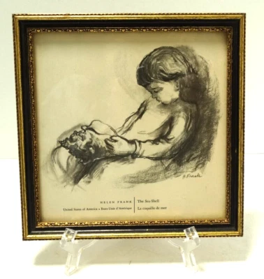 Antiguo marco de madera tallada negro dorado Art Deco estampado de niña y concha de mar ~ 6-5/8" cuadrados Foto 1 de 4