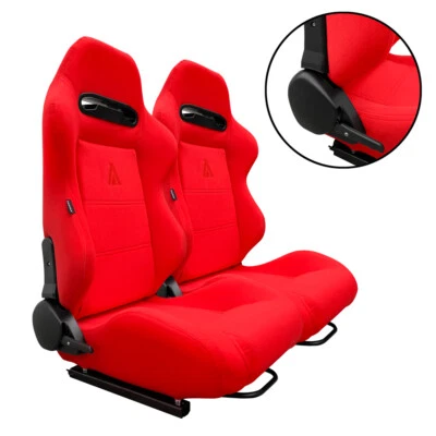PAIR L + R TANAKA RED CLOTH RACING SEATS RECLINABLE W/ SLIDERS FOR HONDA - Image 1 of 4