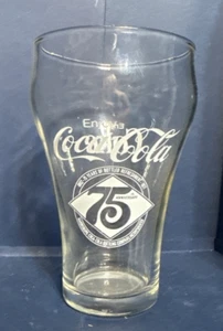 Coke Coca Cola glass 75th anniversary White Print Clear Tumbler 1977 Vintage - Picture 1 of 3
