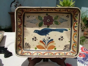 WONDERFUL VINTAGE HAND PAINTED MEXICO POTTERY SQUARE BOWL BLUE BIRD & FLOWERS - Picture 1 of 5