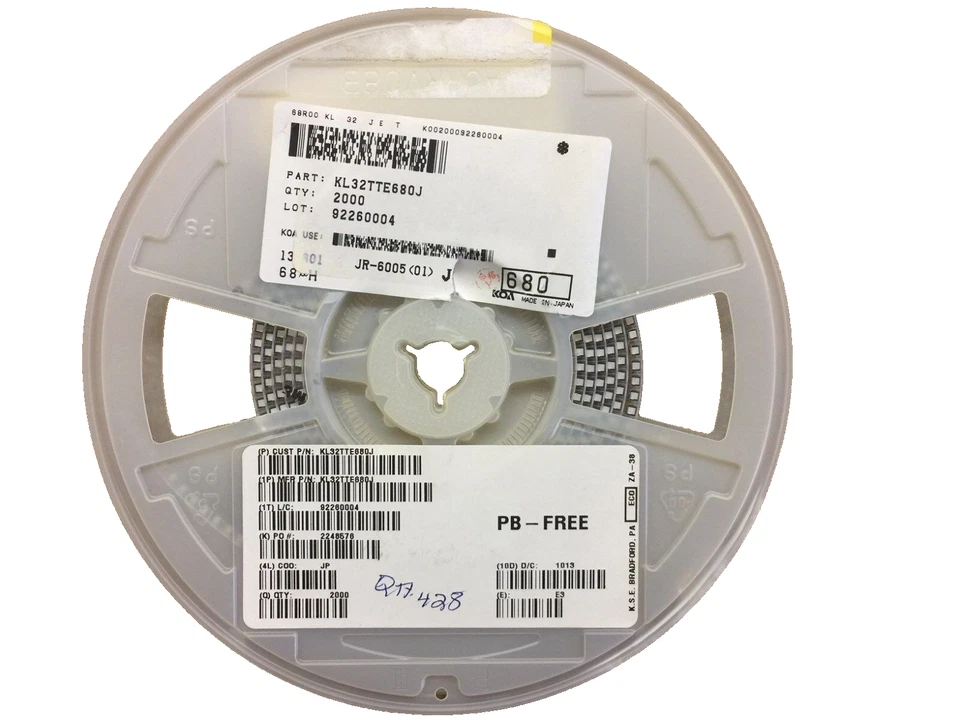 (428 PIECE REEL) KL32TTE680J, KOA, Fixed Inductors 68uH 5%, ROHS - Image 1 of 1