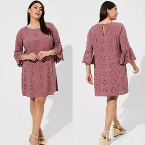 Torrid NEW Mini Challis Eyelet Dress Plus 2X Pink Rose Shift Bell Sleeve - Picture 1 of 16