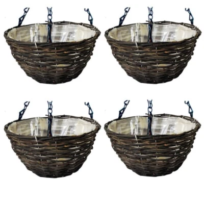 4 x 14″ Appendere Fiori Cesto Planter's Vimini Rotondo Con Catene & Rivestimento - Immagine 1 di 3