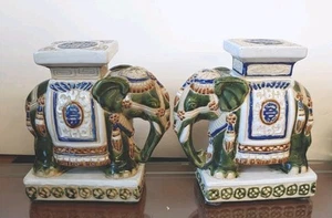 Vintage Lot of 2 Asian Elephant Ceramic Plant Stands Statues Decorations 8.75"×8 - Picture 1 of 14