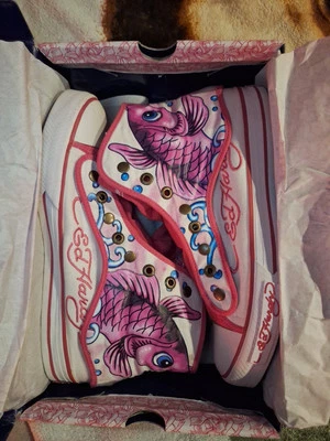 Ed Hardy Laceless High Top Sneakers White Pink Koi Fish - Image 1 of 4