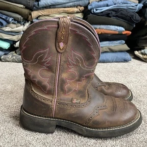 Justin Gypsy Cowboy Boots Brown Leather Pink Workwear L9903 Women's Size 9.5 B - Picture 1 of 7