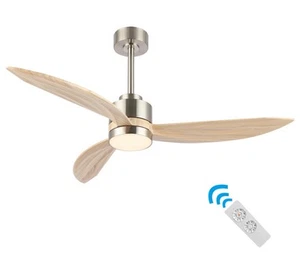 52" 3-Solid Wood Blade Propeller indoor LED Ceiling Fan, Nickel and Wood Fan. - Picture 1 of 8