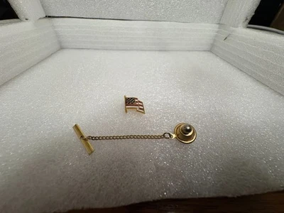 American Flag Tie Tack Lapel Pin Gold tone and Red, White and Blue Front - Image 1 of 2