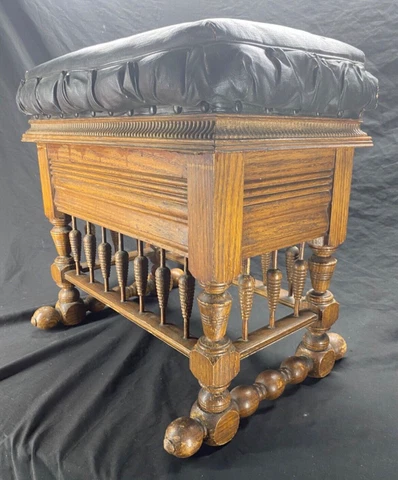 Victorian Antique Bench w orig Faux leather Fabric Oak Stick Ball Hunzinger era Cover