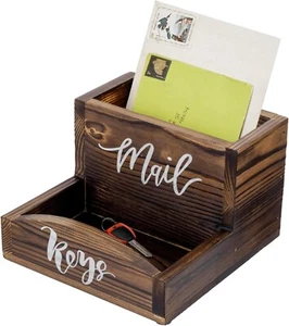 Tabletop Brown Wood Mail Holder and Key Organizer, Office Desktop Organizing Bin - Picture 1 of 7