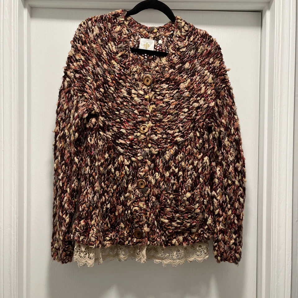 HWR Anthropologie Size L Chunky Knit Lace Trim Button Front Cardigan Sweater - Image 1 of 4