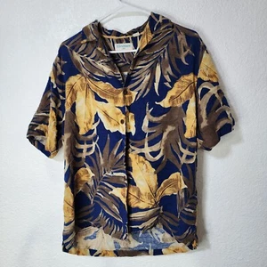 Camisa de seda caribeña para hombre mediana estampado de hojas azules hawaiana puntada única vintage - Imagen 1 de 10