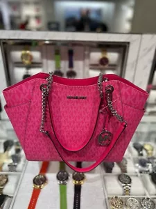 Michael Kors Jet Set Travel Damen Large Logo Chain Shoulder Tote Bag Dragonfruit - Bild 1 von 12