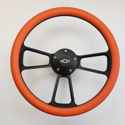 NARANJA Medio Envoltura 14" BILLET NEGRO Volante + Adaptador + Botón Bocina CHEVY Foto 1 de 3