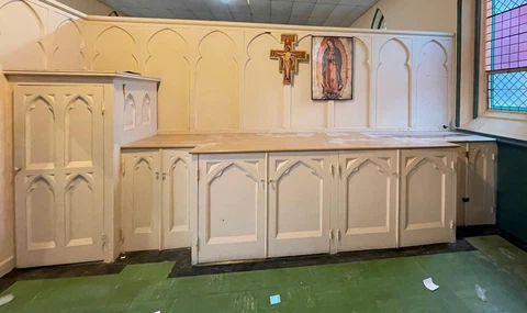 NICE VINTAGE LARGE VESTMENT CABINET WITH DRAWERS FROM A CLOSED CHURCH - HCM110 Cover