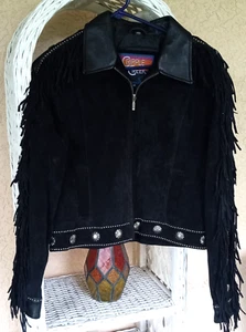 Cripple Creek Black Fringe Leather & Suede Western Studded Women's Jacket Medium - Picture 1 of 9