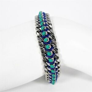 Fossil Arm Candy Green Bead Blue Thread Bracelet Silver Tone Metal Chunky Chain