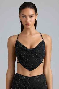 Oh Polly Black SKYE Cropped Asymmetric Crop Top Cowl Neck Embellished Size US 4 - Picture 1 of 17