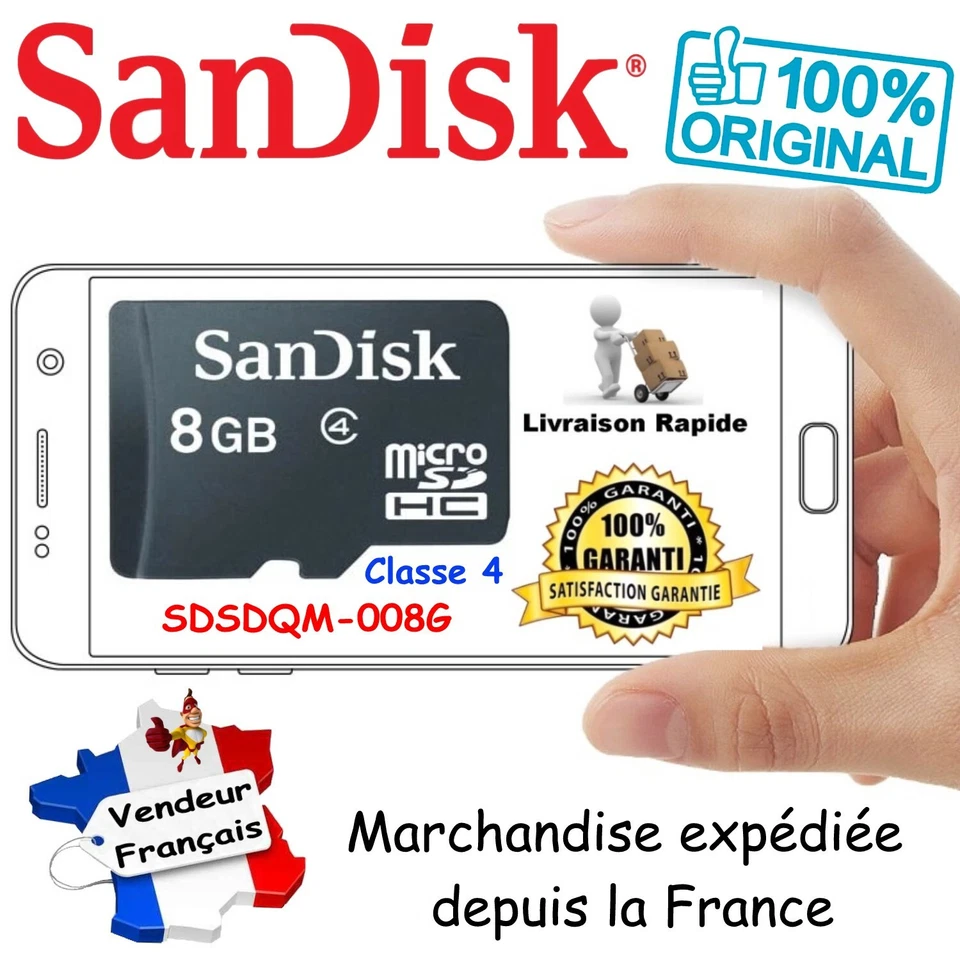 SANDISK Carte Mémoire Micro SD SDHC - Capacité 8 Go ( Classe 4 ) - Photo 1/1