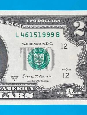 TRAILING YEAR 1999 : L 4615 1999 B $2 Two Dollar Bill Serial Number *UNC* - Image 1 of 3