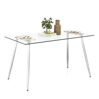Modern Glass Dining Table Rectangular Dining Room Table W/Metal Legs For Kitchen - Image 1 of 4