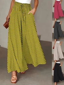 NEW Women Palazzo Trousers Elastic Waist Wide Leg Loose Culotte Pants Dress Size - Picture 1 of 13