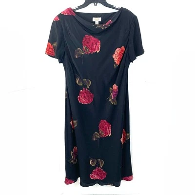 Vintage Talbots Women Size 14W 100% Silk Midi Shift Dress Cowl Neck Floral Black - Image 1 of 4