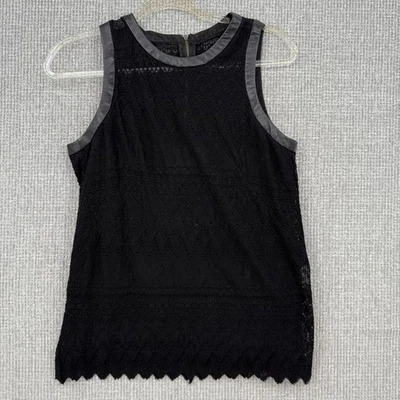 Goth Punk Nanette Lepore 黑色蕾丝无袖上衣皮革装饰尺寸 4 S 纽约制造 — 第 1/4 张图片