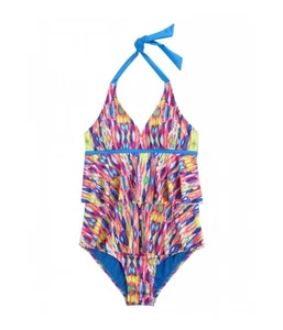 Justice Girls Tie Dye Ruffle One Piece Halter Top Swimsuit, Blue, 5 - Picture 1 of 1