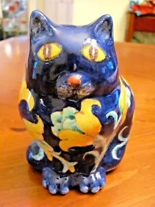 SELTENE ROMANO INNOCENTI ITALIENISCHE MAJOLIKA KERAMIK HANDBEMALT BLUMEN KATZE FIGUR - Bild 1 von 12