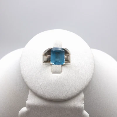 925 Silver Topaz Ring Emerald Cut Stone Prong Setting Size 6 Smooth Wide Shank - Image 1 of 4