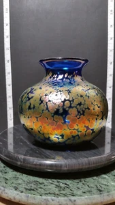 Vintage Iridescent Cobalt Blue Glass Spotted Gold Foil Vase / Signed - Picture 1 of 11