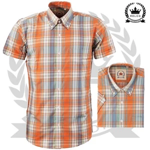 Camisa a Cuadros Relco Para Hombres Naranja Manga Corta Cuello Abotonado Tartán Retro De Colección - Imagen 1 de 9