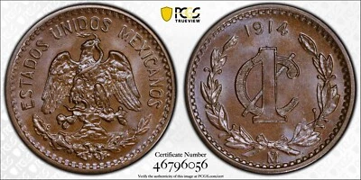 MEXICO ESTADOS UNIDOS  1914  1 CENTAVO COIN PCGS CERTIFIED UNCIRCULATED MS65-BN - Image 1 of 4