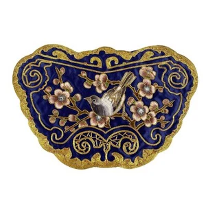 Hand Embroidered Silk Scalloped Blue Background with Bird (READ) - Picture 1 of 9