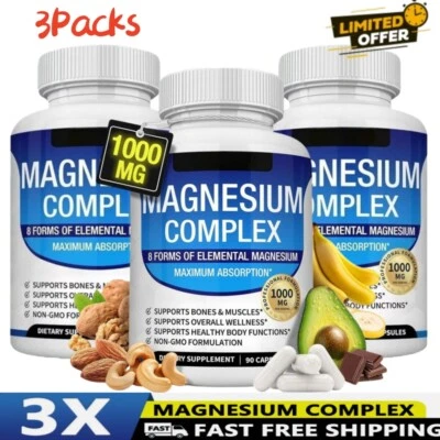 MARKENLOS 3PACK Magnesium Complex 1000mg, 8 Elemental Magnesium, Gluten Free- Non-GMO