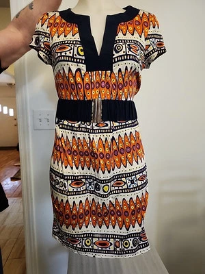 Trina Turk size 10 Small Modern Tribe Belted Dress Silk V Neck Tribal 60s - Image 1 of 4