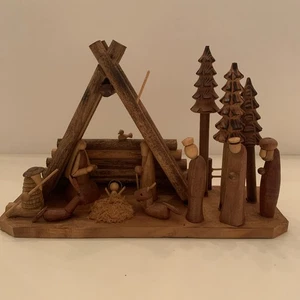 Belén tallado en madera vintage años 70 y pesebre de Navidad 10"x6" - Imagen 1 de 9
