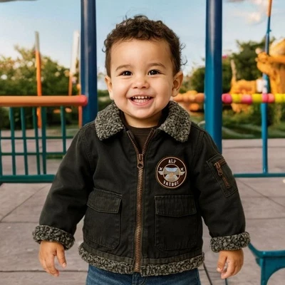 BOYZ by Nannette Kids Full Zip Pilot Jacket Faux Sherpa Collar Patch Sweater 24M - Image 1 of 4