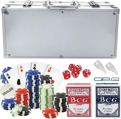Valigetta da Poker Texas Hold'em Blackjack, 300 Chips, 2 Mazzi di Carte, 5 Dadi - Immagine 1 di 4