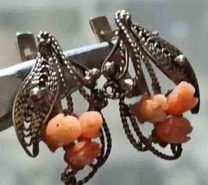 Vintage USSR Soviet Filigree Sterling Silver 925 & Coral Earrings 5 Gr - Picture 1 of 8